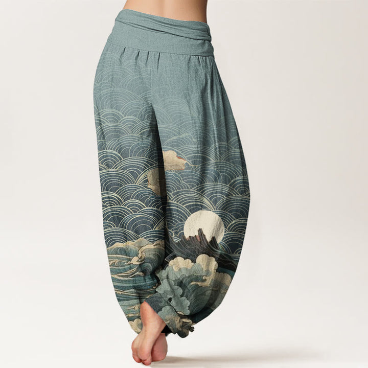 Buddha Stones Cotton Casual Wave Moon Mountain Pattern Women's Elastic Waist Harem Pants - image 6