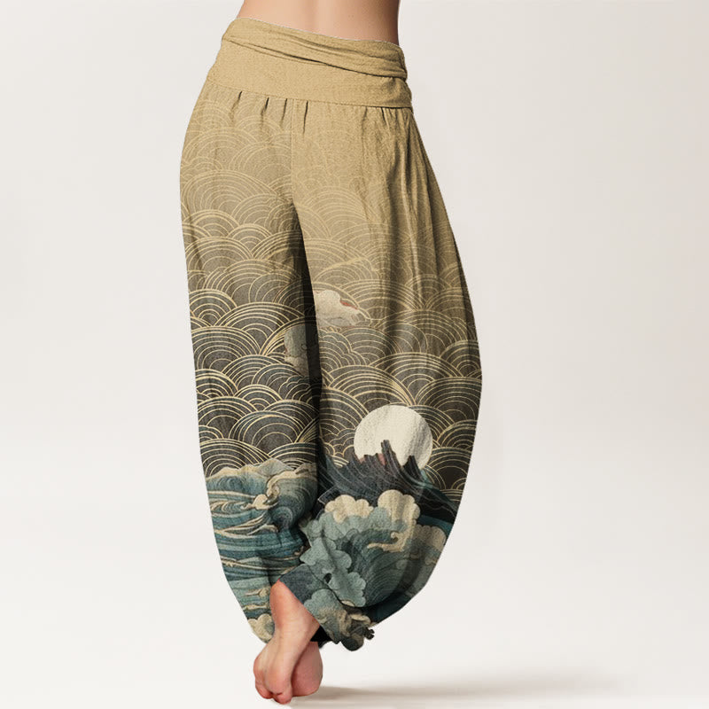 Buddha Stones Cotton Casual Wave Moon Mountain Pattern Women's Elastic Waist Harem Pants - image 9