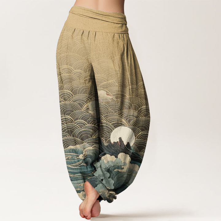 Buddha Stones Casual Wave Moon Mountain Pattern Women's Elastic Waist Harem Pants - image 10