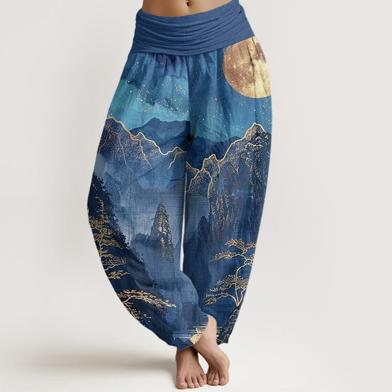 Buddha Stones Cotton Casual Full Moon Mountains Trees River Pattern Women's Elastic Waist Harem Pants - SteelBlue - US22，UK/AU26，EU54 (6XL) - image 0