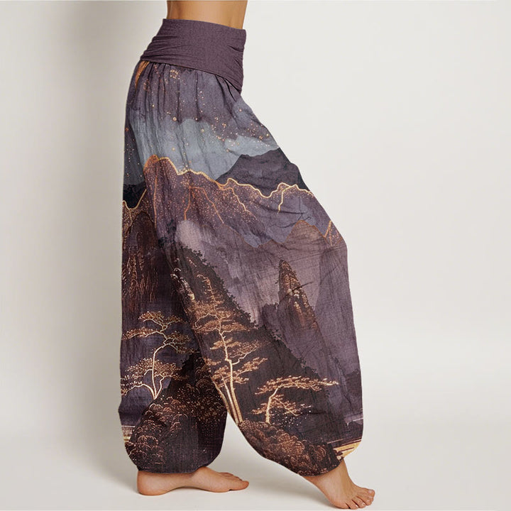 Buddha Stones Cotton Casual Full Moon Mountains Trees River Pattern Women's Elastic Waist Harem Pants - image 5