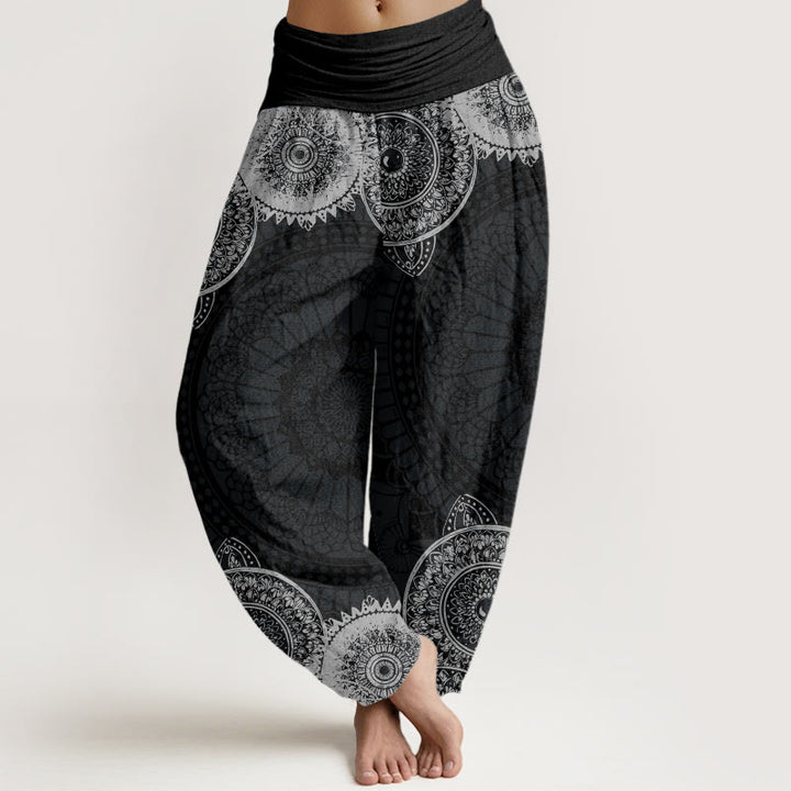 Buddha Stones Circular Mandala Design Women's Elastic Waist Harem Pants - Black - US22，UK/AU26，EU54 (6XL) - image 0