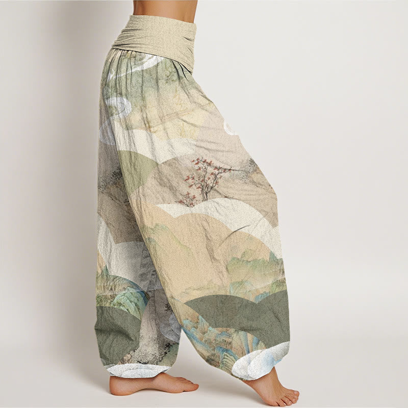 Buddha Stones Cotton Chinese Landscape Mountains Rivers Mist Design Women's Elastic Waist Harem Pants - image 2