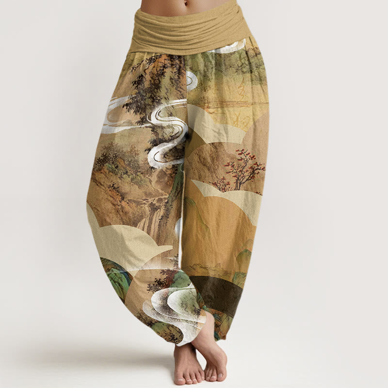 Buddha Stones Cotton Chinese Landscape Mountains Rivers Mist Design Women's Elastic Waist Harem Pants - Khaki - US22，UK/AU26，EU54 (6XL) - image 4