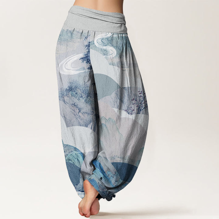Buddha Stones Cotton Chinese Landscape Mountains Rivers Mist Design Women's Elastic Waist Harem Pants - image 8