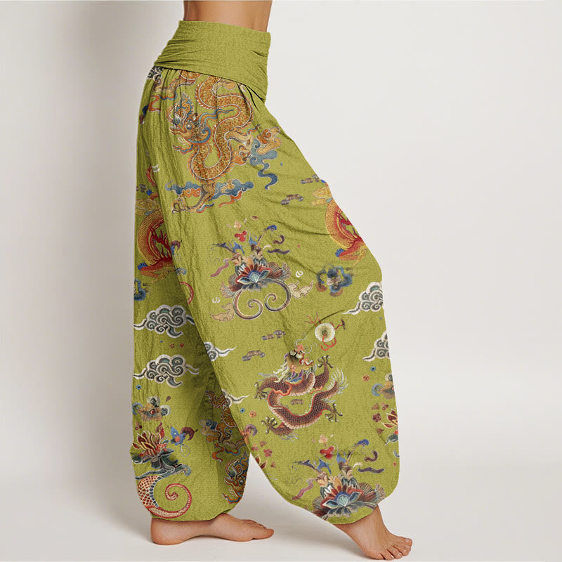 Buddha Stones Golden Dragons Auspicious Clouds Design Women's Elastic Waist Harem Pants - image 9