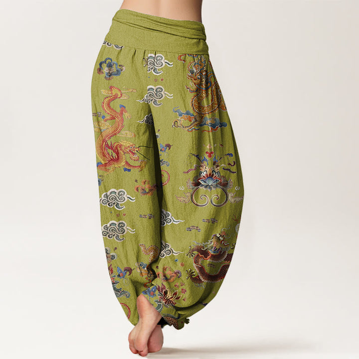 Buddha Stones Golden Dragons Auspicious Clouds Design Women's Elastic Waist Harem Pants - image 8