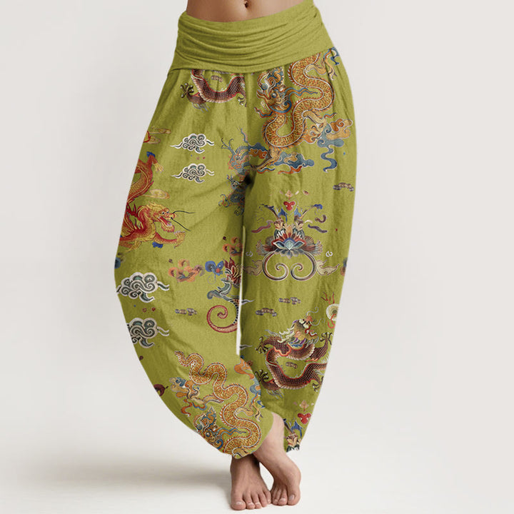 Buddha Stones Cotton Golden Dragons Auspicious Clouds Design Women's Elastic Waist Harem Pants - YellowGreen - US22，UK/AU26，EU54 (6XL) - image 7