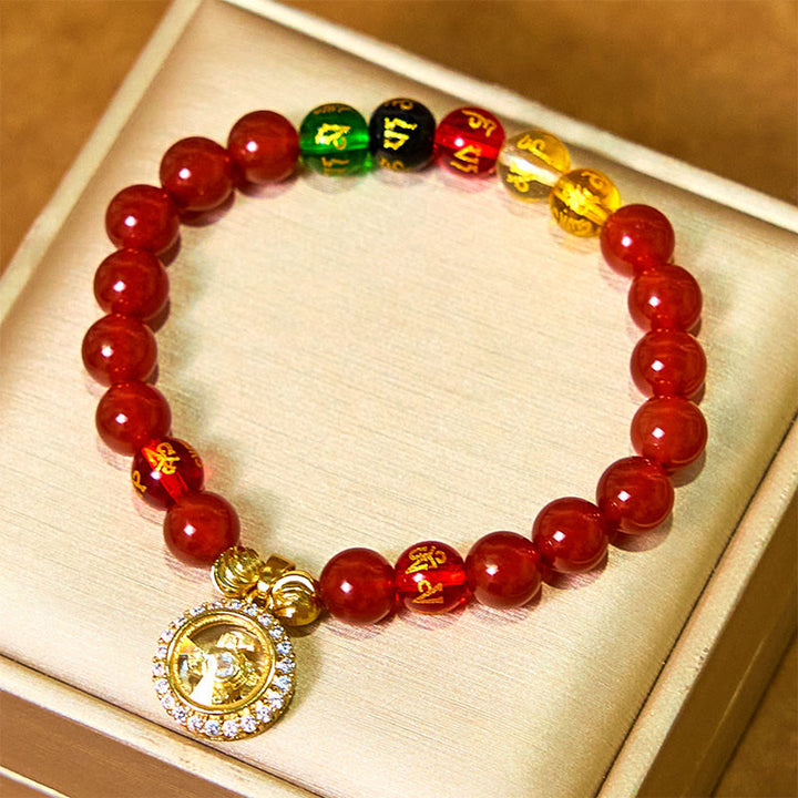 Buddha Stones Red Agate Om Mani Padme Hum Five Directions Gods of Wealth Zircon Cyclone Charm Self-acceptance Bracelet