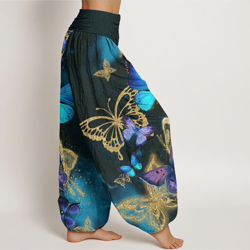 Buddha Stones Casual Butterfly Gold Pattern Women's Elastic Waist Harem Pants - image 1