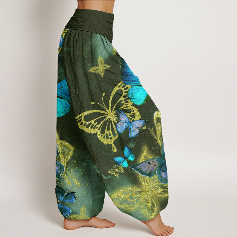 Buddha Stones Cotton Casual Butterfly Gold Pattern Women's Elastic Waist Harem Pants - image 5