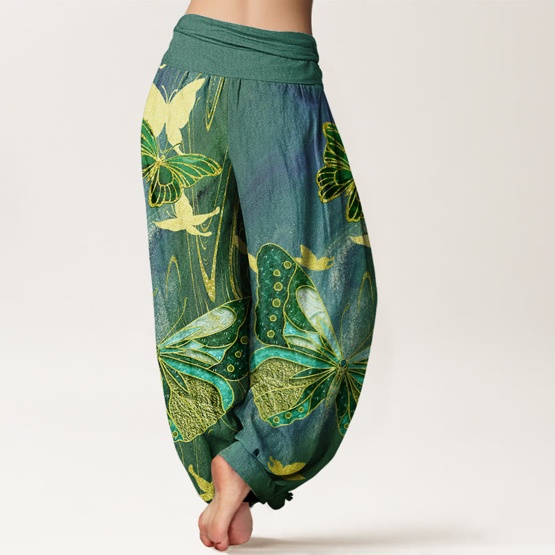 Buddha Stones Cotton Casual Butterfly Gold Line Pattern Women's Elastic Waist Harem Pants - image 6