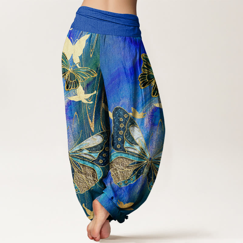Buddha Stones Cotton Casual Butterfly Gold Line Pattern Women's Elastic Waist Harem Pants - image 9