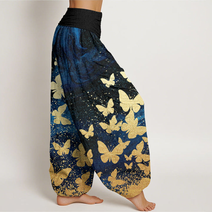 Buddha Stones Cotton Casual Golden Butterfly Pattern Women's Elastic Waist Harem Pants - image 1