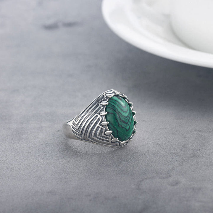 Buddha Stones Oval Vintage 925 Sterling Silver Malachite Bead Calmness Ring - image 4