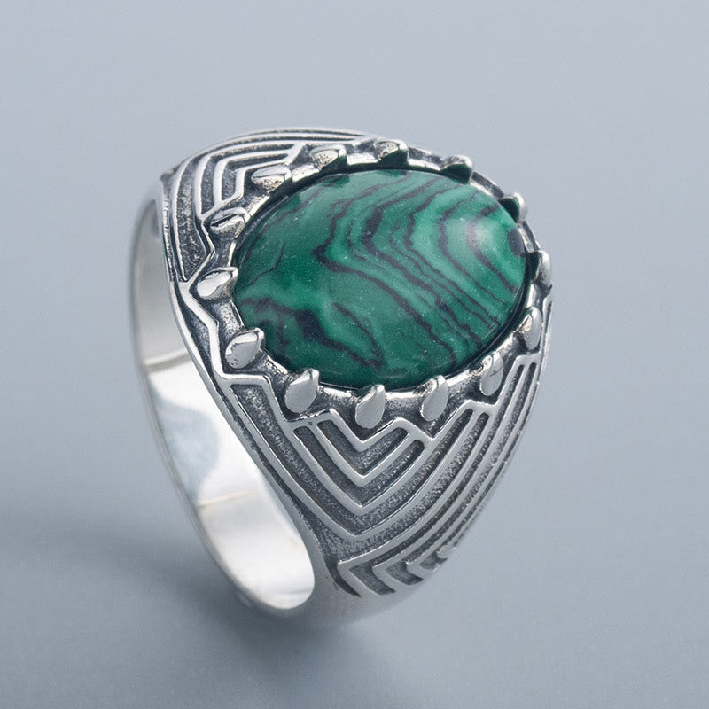 Buddha Stones Oval Vintage 925 Sterling Silver Malachite Bead Calmness Ring - image 1