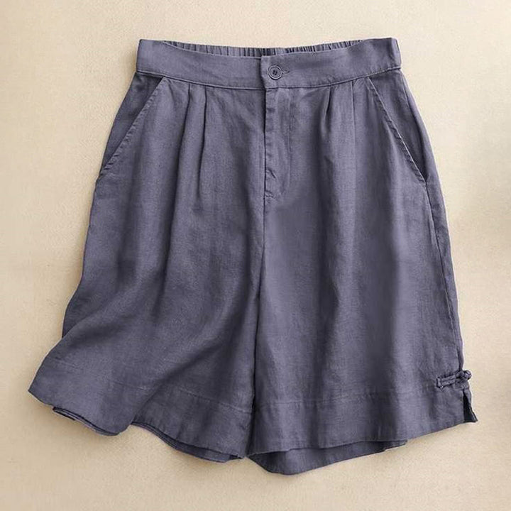 Buddha Stones Summer Casual Solid Color Zipper Button Acrylic Fiber Frog Button Women's Shorts With Pockets - SteelBlue - US12，UK/AU16，EU44 (2XL) - image 6