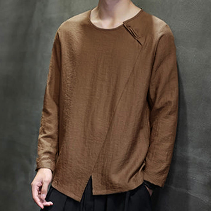 Buddha Stones Solid Color Loose Long Sleeve Round Neck Cotton Men's Shirts - image 41