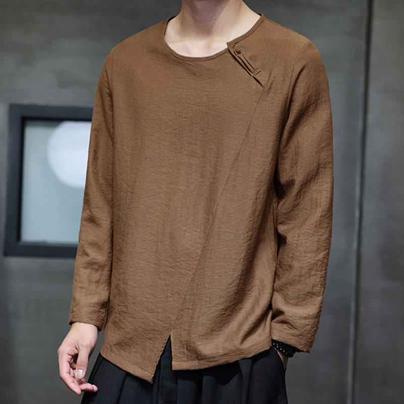 Buddha Stones Solid Color Loose Long Sleeve Round Neck Cotton Men's Shirts - image 37