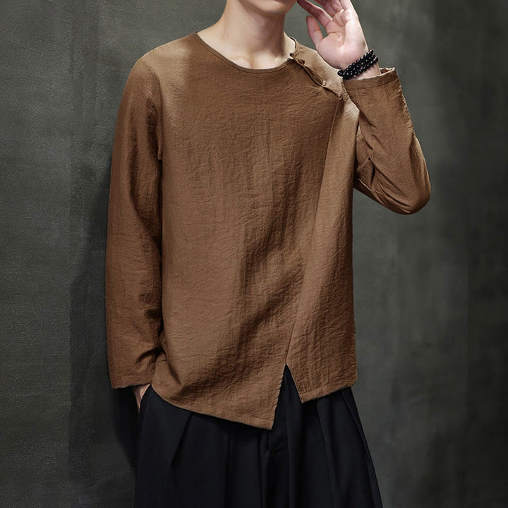 Buddha Stones Solid Color Loose Long Sleeve Round Neck Cotton Men's Shirts - image 40