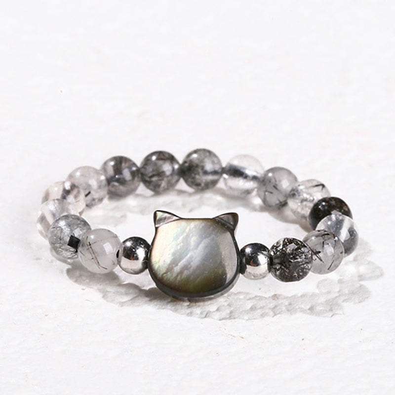 Buddha Stones 3mm Black Rutilated Quartz Tridacna Stone Rabbit Cat Ring - Cat(63mm Elastic String) - image 11