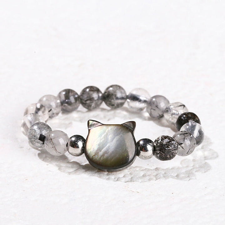 Buddha Stones 3mm Black Rutilated Quartz Tridacna Stone Rabbit Cat Ring - Cat(63mm Elastic String) - image 11