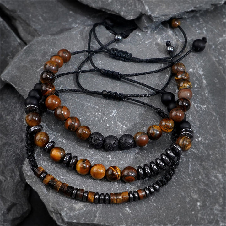 Buddha Stones 3Pcs Tiger Eye Lava Rock Protection Bracelet Set - image 2