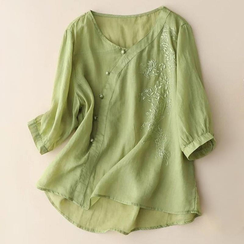 Buddha Stones Casual Loose Flower Embroidery Frog Button Short Sleeve Women's Shirt - YellowGreen - US14，UK/AU18，EU46 (4XL) - image 1