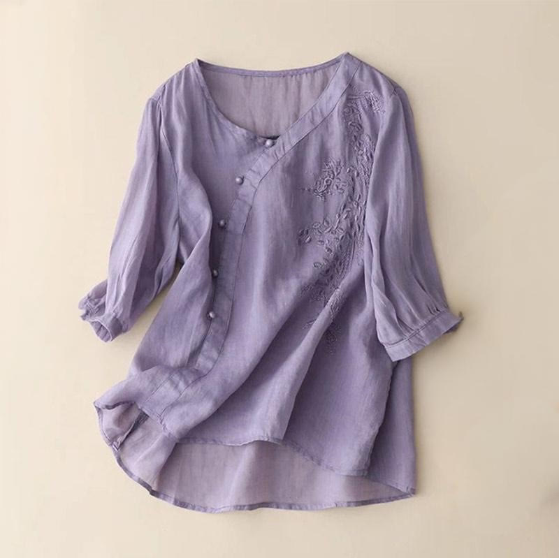 Buddha Stones Casual Loose Flower Embroidery Frog Button Short Sleeve Women's Shirt - MediumPurple - US14，UK/AU18，EU46 (4XL) - image 2