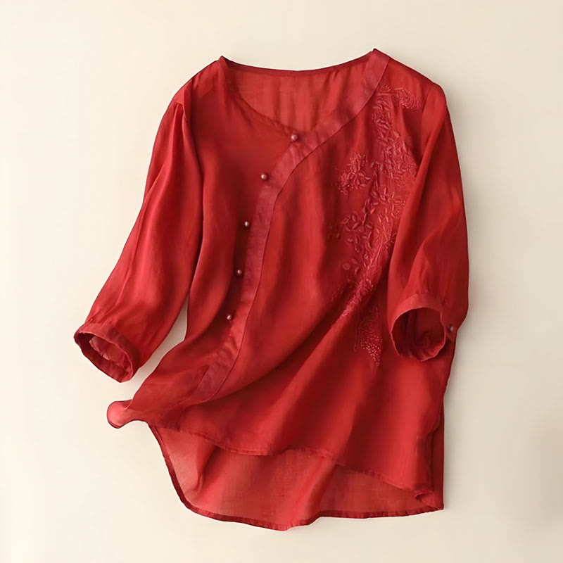 Buddha Stones Casual Loose Flower Embroidery Frog Button Short Sleeve Women's Shirt - FireBrick - US14，UK/AU18，EU46 (4XL) - image 4