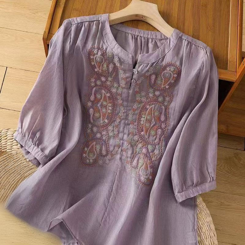 Buddha Stones Casual Loose Embroidery Frog Button Half Sleeve Crew Neck Cotton Women's Shirt - MediumPurple - US12，UK/AU16，EU44 (3XL) - image 0