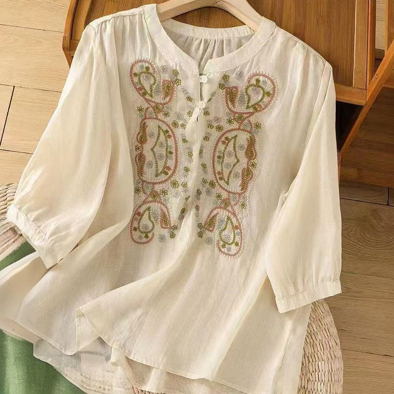 Buddha Stones Casual Loose Embroidery Frog Button Half Sleeve Crew Neck Cotton Women's Shirt - Beige - US12，UK/AU16，EU44 (3XL) - image 5