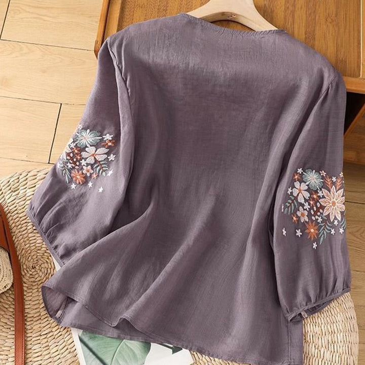 Buddha Stones Casual Flower Leaf Embroidery Women's Crew Neck Design Three Quarter Sleeve T-shirt - image 4