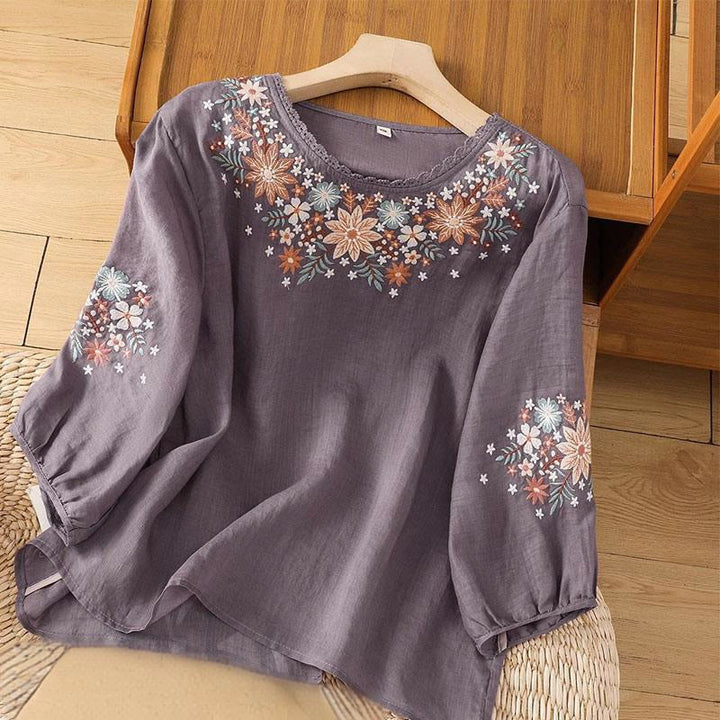Buddha Stones Casual Flower Leaf Embroidery Women's Crew Neck Design Three Quarter Sleeve Cotton Linen T-shirt - MediumPurple - US12，UK/AU16，EU44 (3XL) - image 0