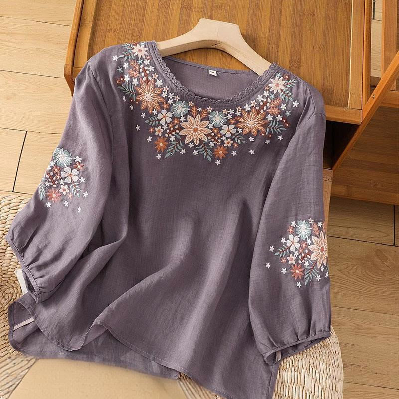 Buddha Stones Casual Flower Leaf Embroidery Women's Crew Neck Design Three Quarter Sleeve Cotton Linen T-shirt - MediumPurple - US12，UK/AU16，EU44 (3XL) - image 0
