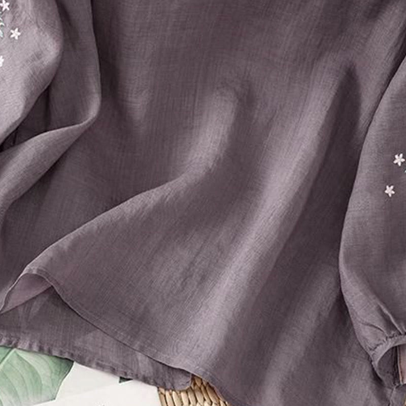 Buddha Stones Casual Flower Leaf Embroidery Women's Crew Neck Design Three Quarter Sleeve Cotton Linen T-shirt - image 2