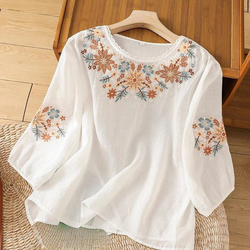 Buddha Stones Casual Flower Leaf Embroidery Women's Crew Neck Design Three Quarter Sleeve T-shirt - Snow - US12，UK/AU16，EU44 (3XL) - image 5