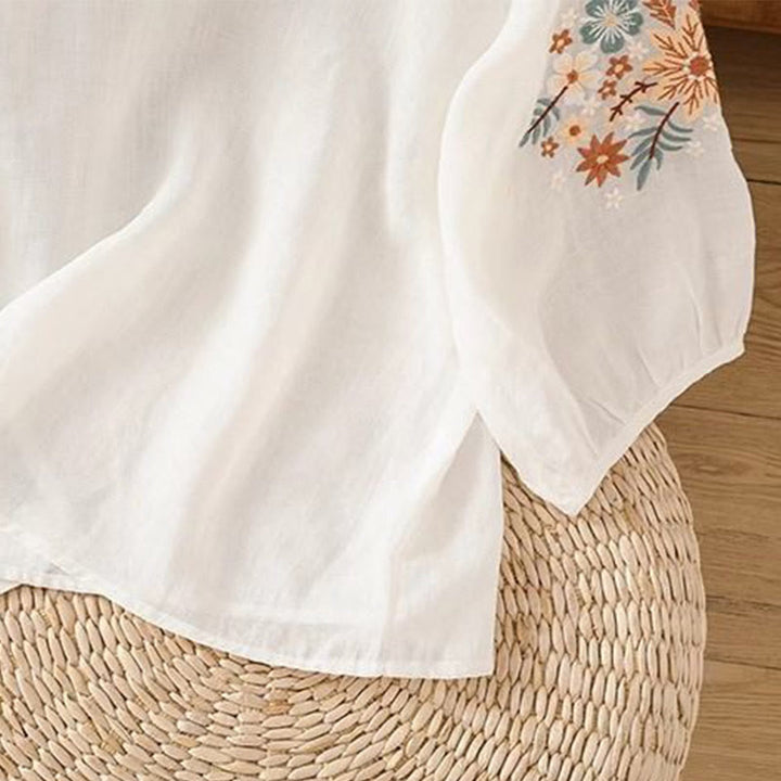 Buddha Stones Casual Flower Leaf Embroidery Women's Crew Neck Design Three Quarter Sleeve T-shirt - image 8