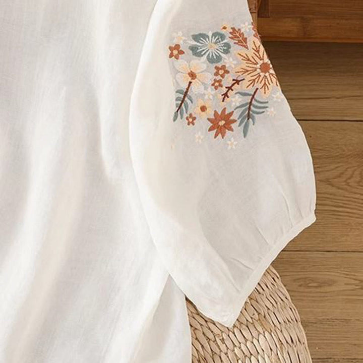 Buddha Stones Casual Flower Leaf Embroidery Women's Crew Neck Design Three Quarter Sleeve Cotton Linen T-shirt - image 9