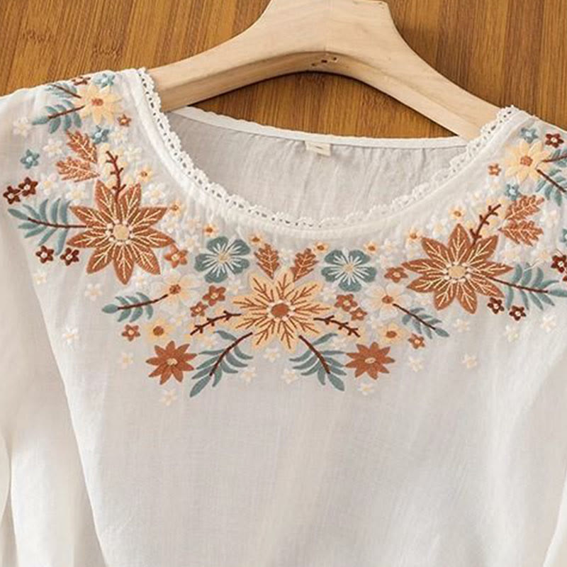 Buddha Stones Casual Flower Leaf Embroidery Women's Crew Neck Design Three Quarter Sleeve Cotton Linen T-shirt - image 6
