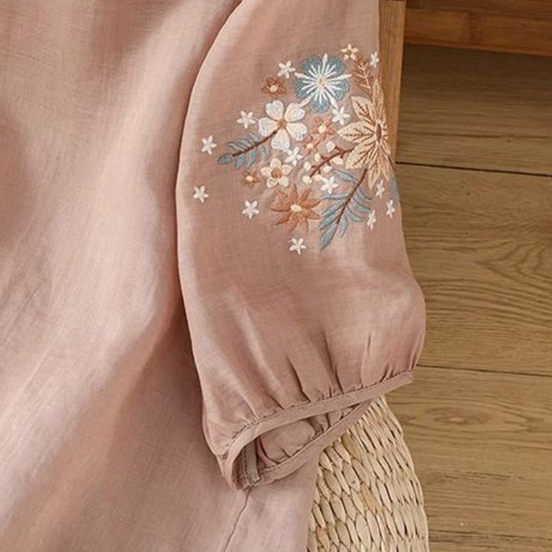 Buddha Stones Casual Flower Leaf Embroidery Women's Crew Neck Design Three Quarter Sleeve Cotton Linen T-shirt - image 15