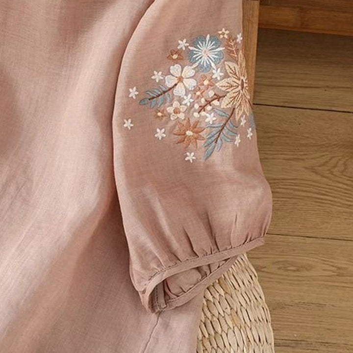 Buddha Stones Casual Flower Leaf Embroidery Women's Crew Neck Design Three Quarter Sleeve Cotton Linen T-shirt - image 15