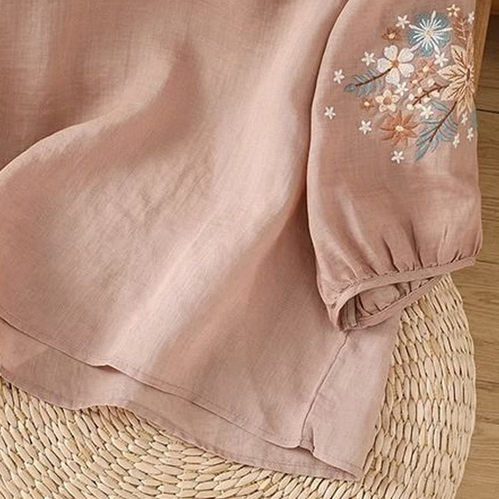 Buddha Stones Casual Flower Leaf Embroidery Women's Crew Neck Design Three Quarter Sleeve Cotton Linen T-shirt - image 16