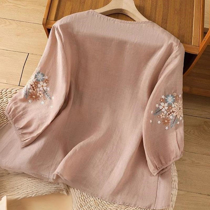 Buddha Stones Casual Flower Leaf Embroidery Women's Crew Neck Design Three Quarter Sleeve Cotton Linen T-shirt - image 12