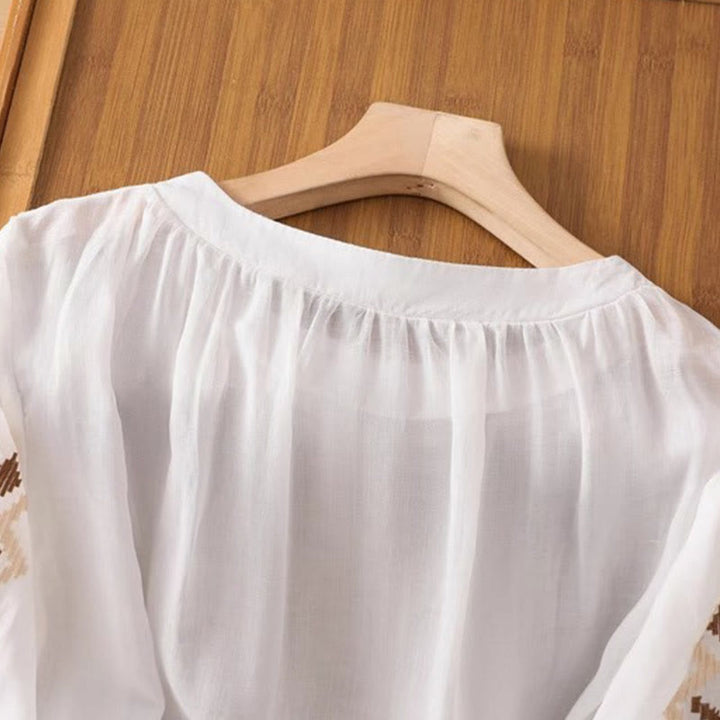 Buddha Stones Casual Symmetrical Embroidery Women's Crew Neck Design Half Sleeve Spandex T-shirt - image 3