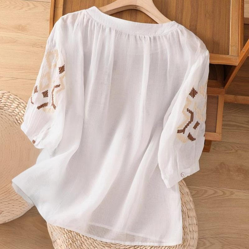 Buddha Stones Casual Symmetrical Embroidery Women's Crew Neck Design Half Sleeve Spandex T-shirt - image 1