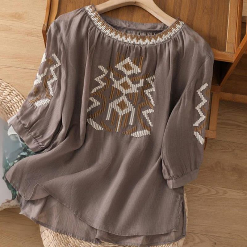 Buddha Stones Casual Symmetrical Embroidery Women's Crew Neck Design Half Sleeve Spandex T-shirt - Tan - US14，UK/AU18，EU46 (4XL) - image 14