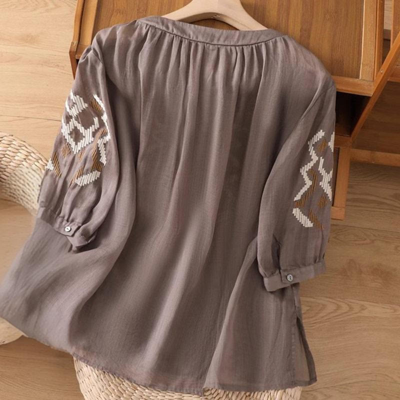 Buddha Stones Casual Symmetrical Embroidery Women's Crew Neck Design Half Sleeve Spandex T-shirt - image 15