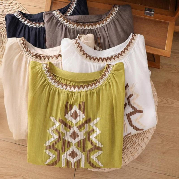 Buddha Stones Casual Symmetrical Embroidery Women's Crew Neck Design Half Sleeve Spandex T-shirt