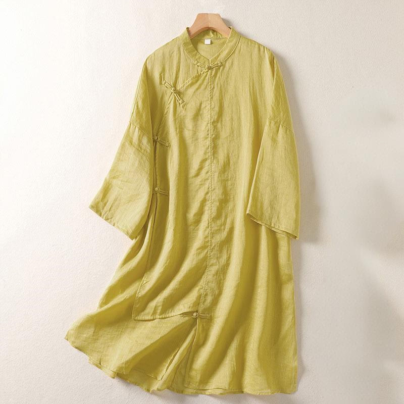 Buddha Stones Plain Frog-Button Long Sleeve Cotton Linen Women's Midi Dress - Khaki - US8-10，UK/AU12-14，EU40-42 (2XL) - image 0